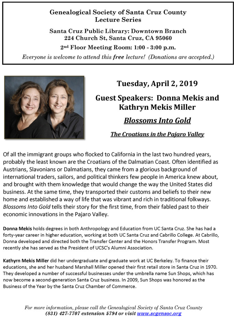 April, 2019 - genealogy program flyer - Donna Mekis - Blossoms into Gold-reduced
